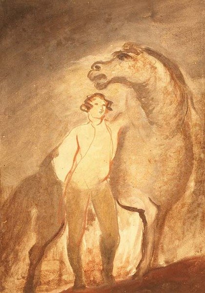Mies ja hevonen (akvarelli paperille) tekijältä David Wilkie