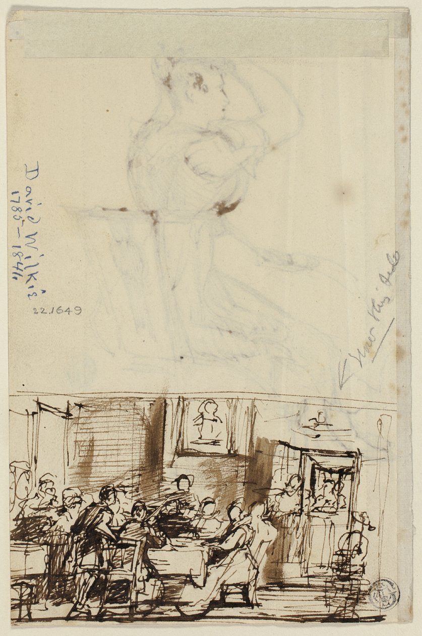 Ihmiset pöydän ääressä (recto) ja Mökin WC-työ (käänteinen) tekijältä David Wilkie