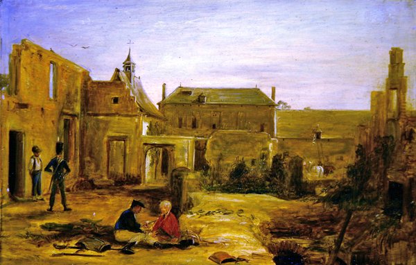 Sotilaat Hougoumontin linnoituksen raunioilla, Waterloo (öljy kankaalle) tekijältä David Wilkie