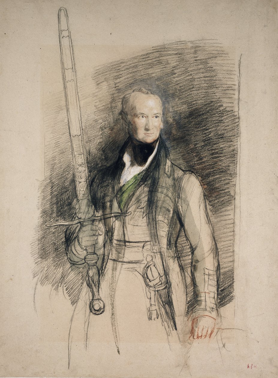 Mortonin jaarli valtion miekkaa kantaen, 1824 (mustapunaliitu, wc- ja bodycolor-väri harmaalle paperille). tekijältä David Wilkie