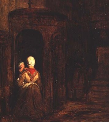 Nainen vauvan kanssa polvistumassa tunnustussalissa tekijältä David Wilkie