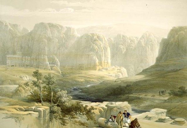 Petra katsoo etelään, 9. maaliskuuta 1839, levy 106 Pyhän maan III osasta, kaiverrettu Louis Haghe (1806-85) pub. 1849 tekijältä David after Roberts