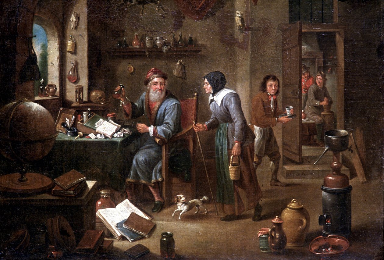 Alkemistin toimisto (öljy kankaalle) tekijältä David the Elder Teniers