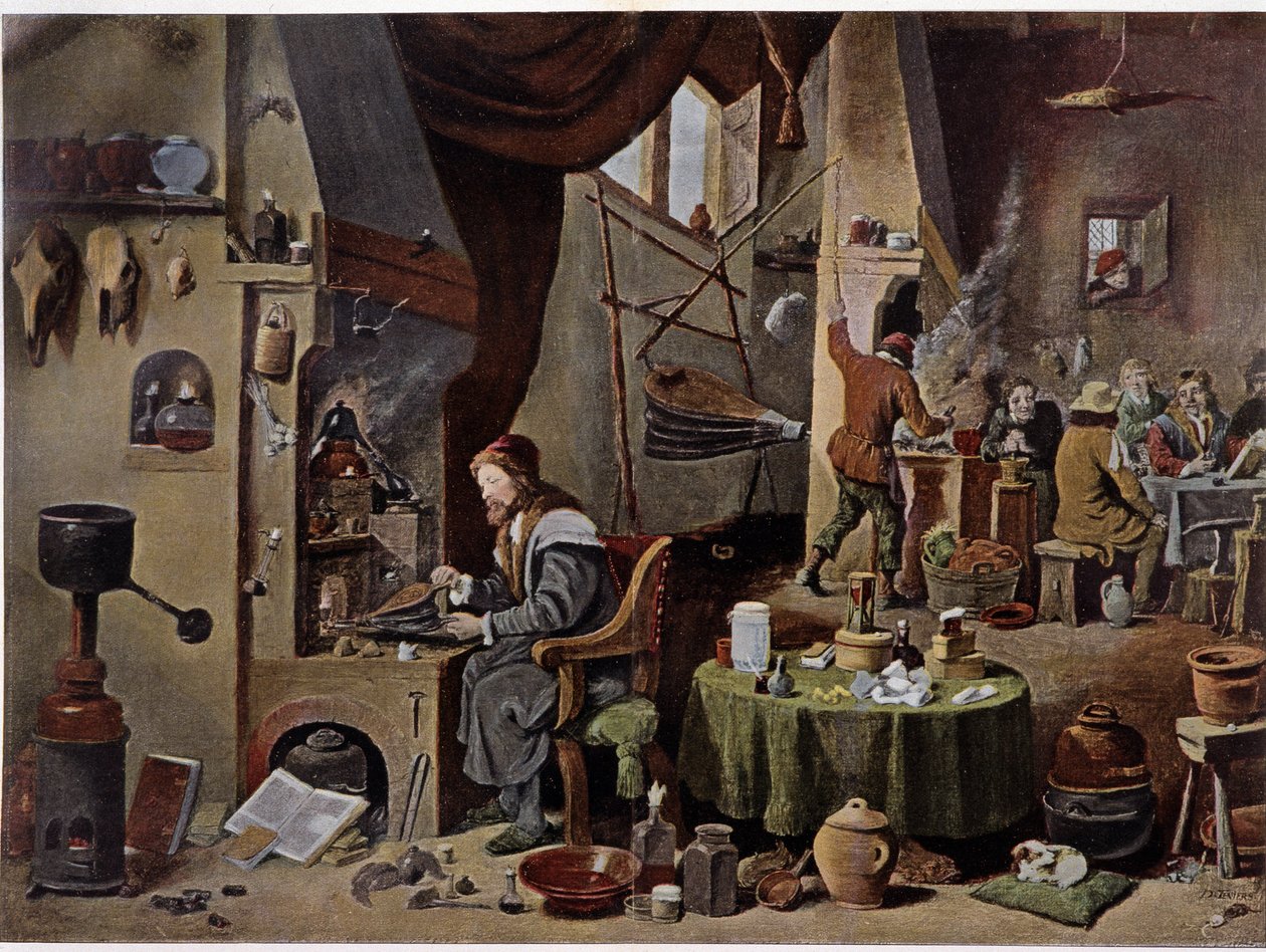 Alkemistilaboratorio 1600-luvulla - David Téniers nuoremman maalauksen mukaan tekijältä David the Younger (after) Teniers