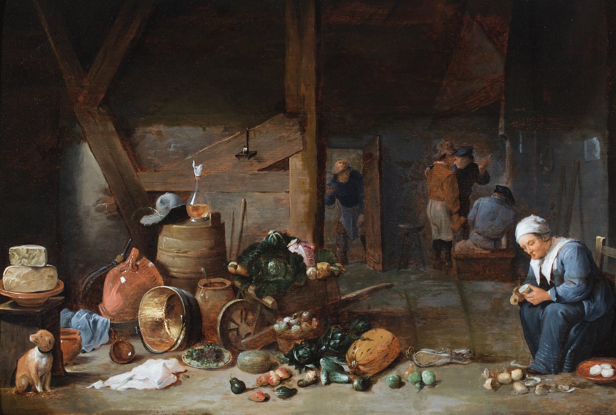 Keittiön sisustus, jossa nainen valmistaa vihanneksia, sen takana keskustelevia hahmoja (öljy paneelille). tekijältä David the Younger (circle of) Teniers