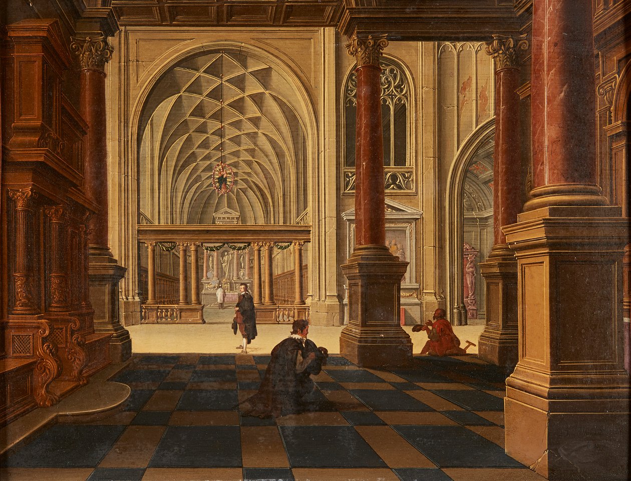 Figuurit keskustelevat polulla, linnan rauniot takana (öljy paneelissa) tekijältä David the Younger (follower of) Teniers