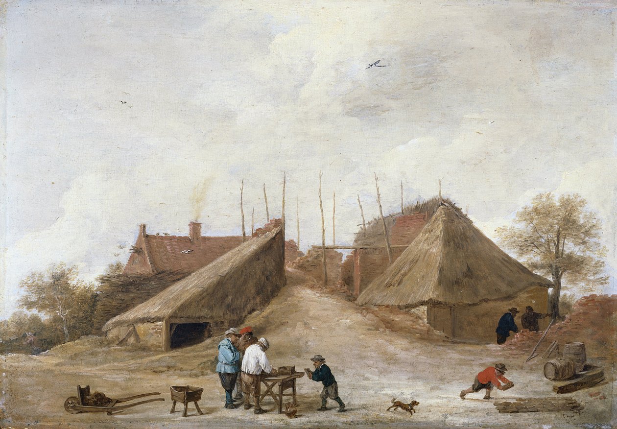 Maatilapiha, jossa on hahmoja pöydän ympärillä tekijältä David Teniers the Younger