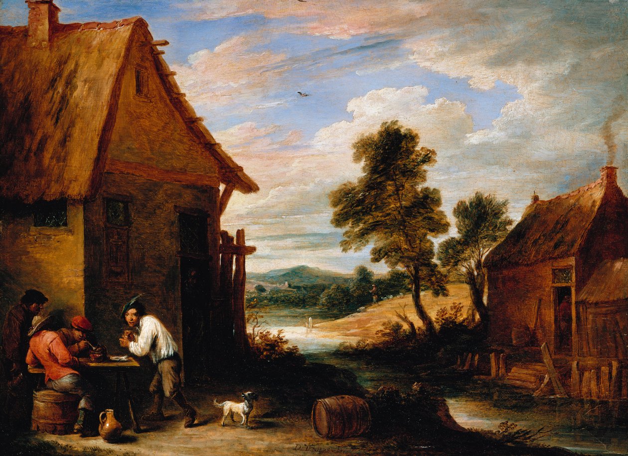Jokimaisema talonpoikien kanssa tavernan ulkopuolella tekijältä David Teniers the Younger