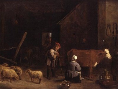 Paimenpoika juttelee lypsyneidon kanssa navetassa tekijältä David Teniers the Younger