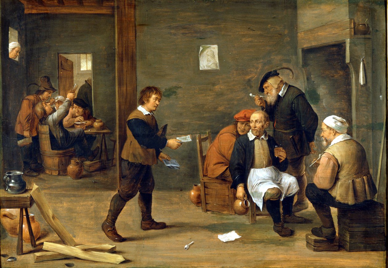 Ryhmä miehiä lämmittelemässä savupiipun edessä. David Teniersin maalaus dit Le Jeune (1610 - 1690) Milano, Museo del castello. tekijältä David Teniers the Younger