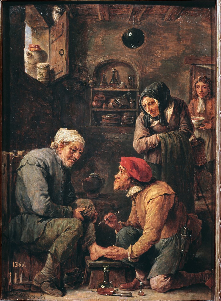 Leikkaus, lääkäri avaamassa potilaan jalkaa (öljy kankaalle tekijältä David Teniers the Younger