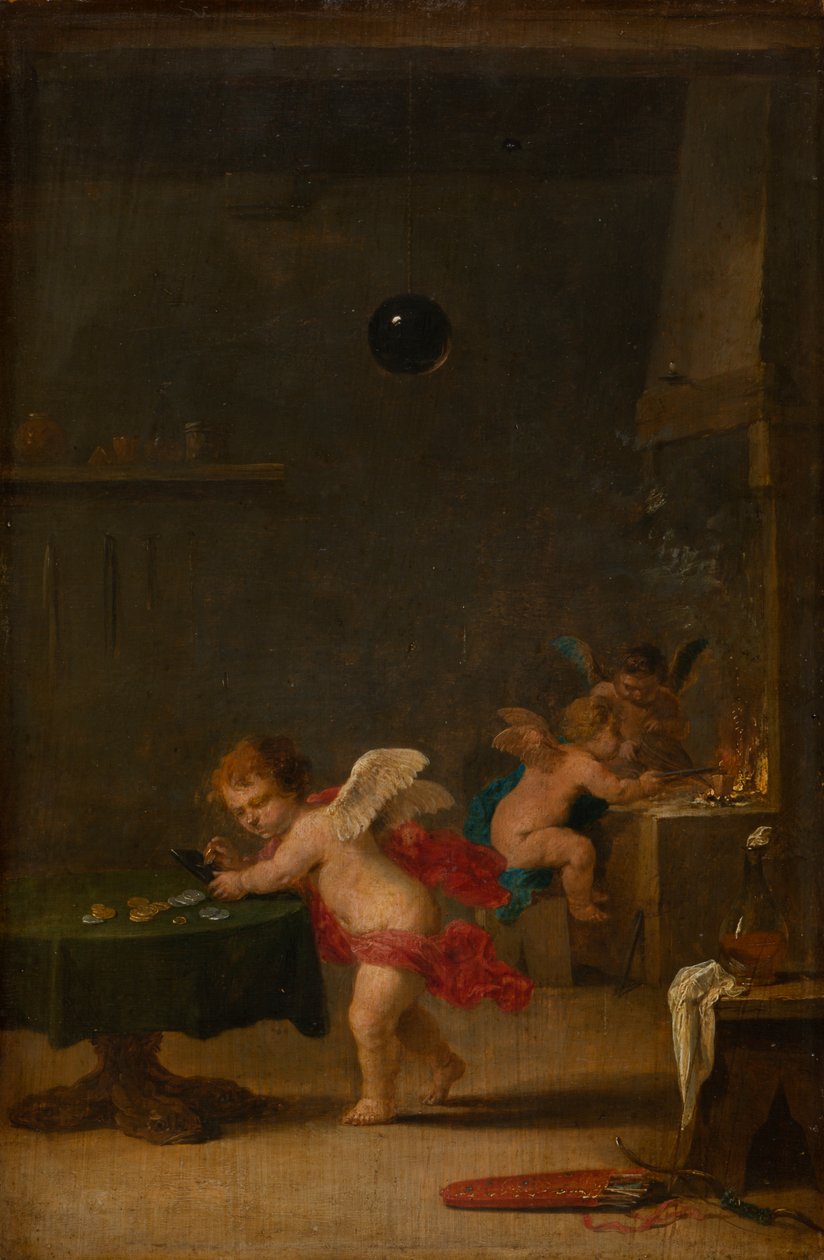 Amoretti alkemistin työpajassa, noin 1635-37 (öljy tammelle). tekijältä David the Younger Teniers