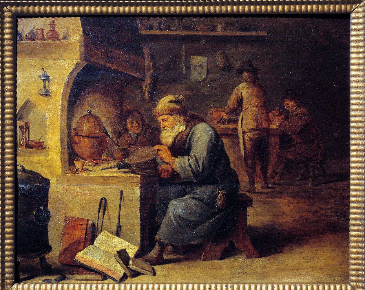 Alkemisti. David Teniers II:n maalaus nimeltä David Le Jeune (1610 - 1690), Ec. Liekki tekijältä David Teniers the Younger