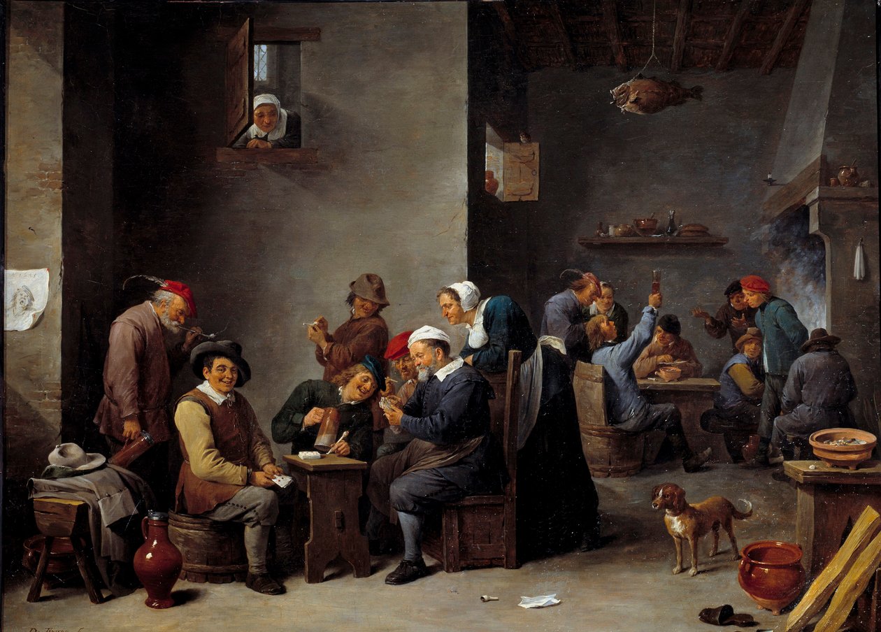 Kabareen sisustus. Korttipeli. David Teniers II sanoi Nuorempi (1610 - 1690) Ec. Liekki. tekijältä David Teniers the Younger