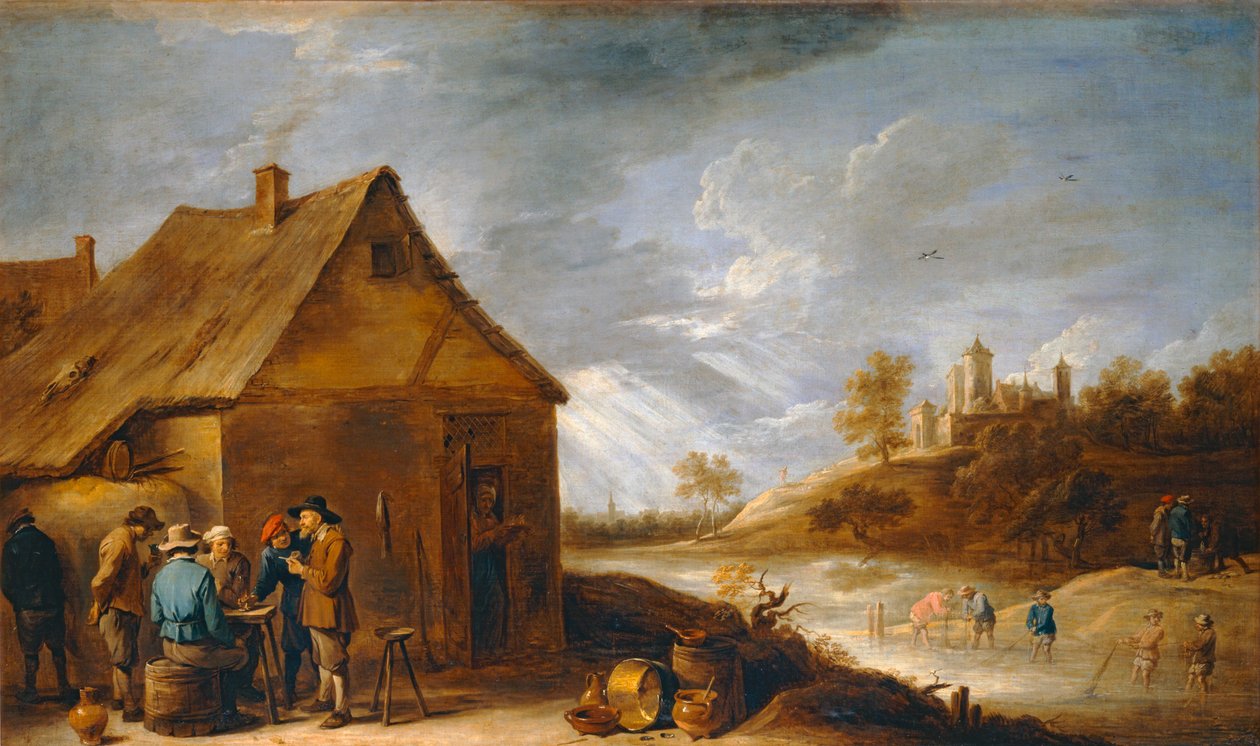 Kabaree lähellä jokea, jossa on verkkokalastajia ... tekijältä David the Younger Teniers