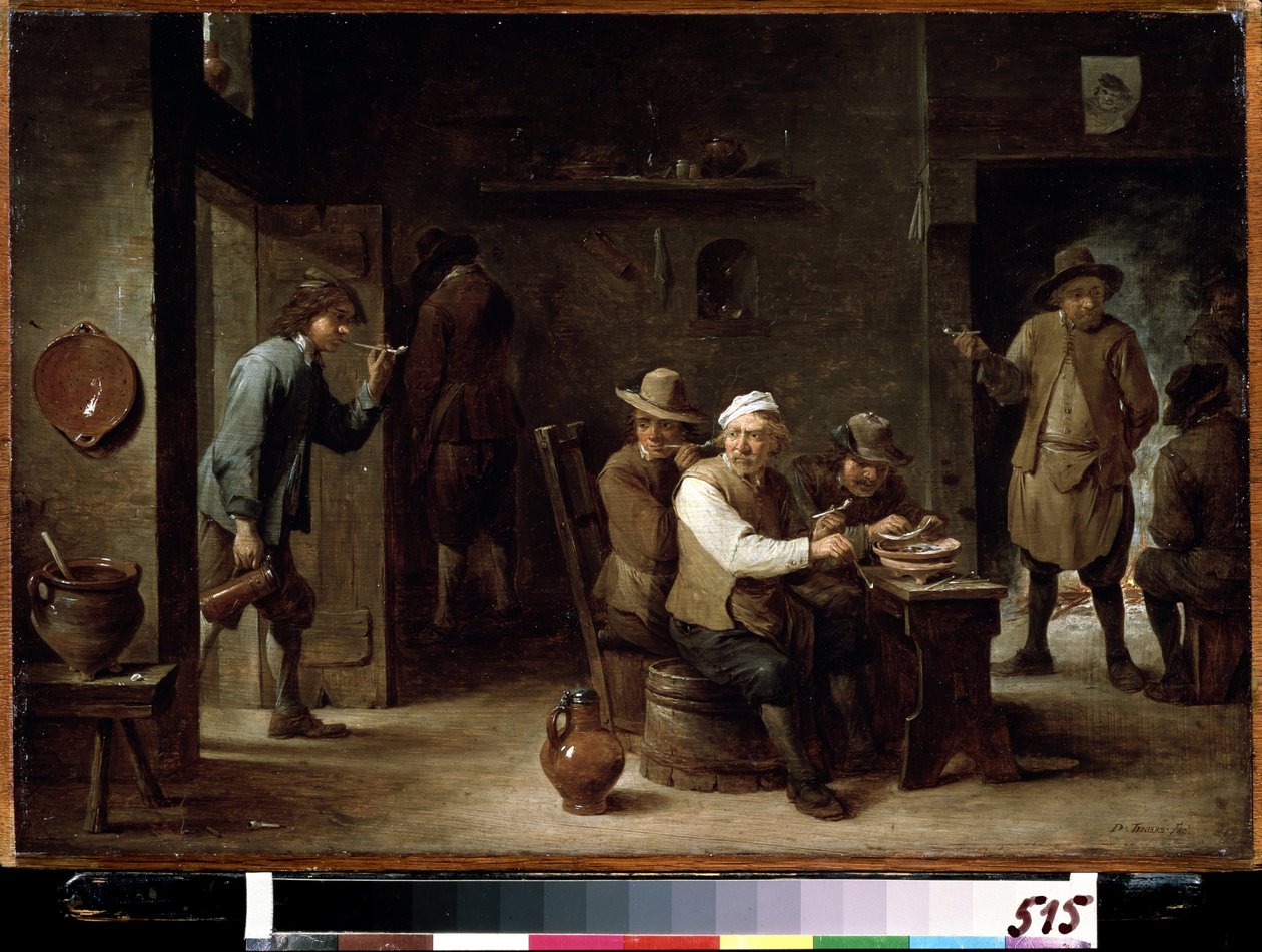 Tavernassa. David Tenier nuoremman (1610-1690) maalaus. Öljy puulle, 36,2 x 52,6 cm, noin 1640. Flanderin koulukunta, barokkitaide. Pushkinin taidemuseo, Moskova. tekijältä David Teniers the Younger