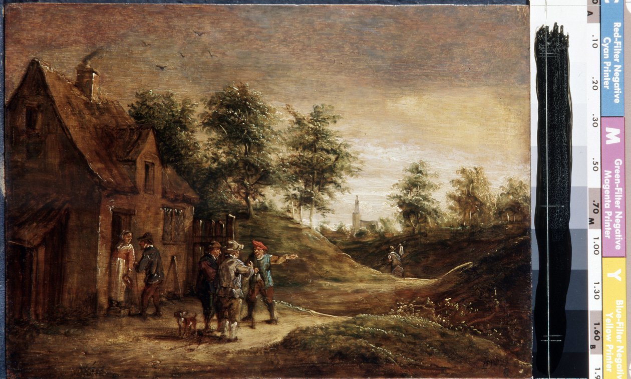 Tavernan edessä (Ennen tavernaa). David Teniersin nuoremman (1610-1690) maalaus. Öljy puulle tekijältä David Teniers the Younger