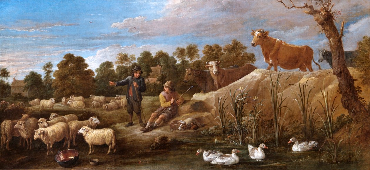 Maisema kahden paimenen, karjan ja ankkojen kanssa (öljy kankaalle) tekijältä David Teniers the Younger