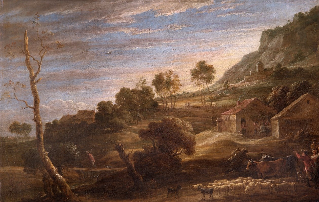 Maisema, jossa talonpojat ajavat karjaa, n. 1670-1690 (öljy kankaalle) tekijältä David Teniers the Younger