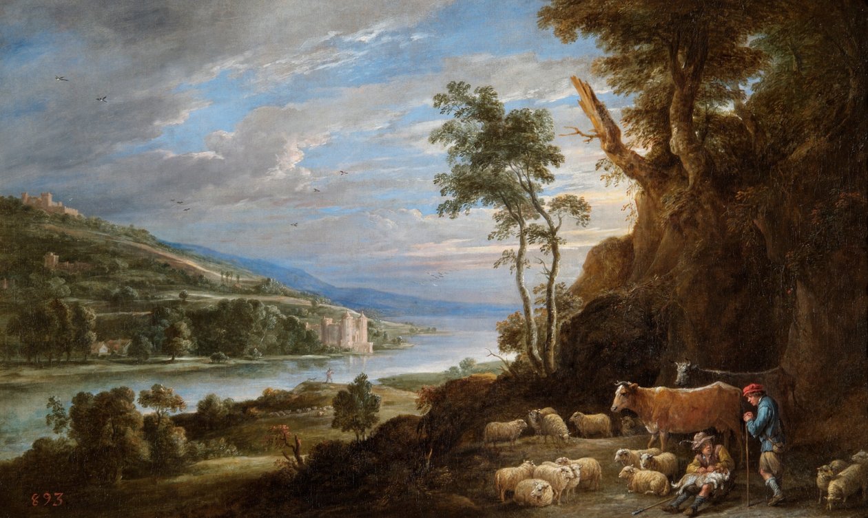 Maisema paimenten kanssa ja kaukainen näkymä linnaan (öljy kankaalle) tekijältä David Teniers the Younger