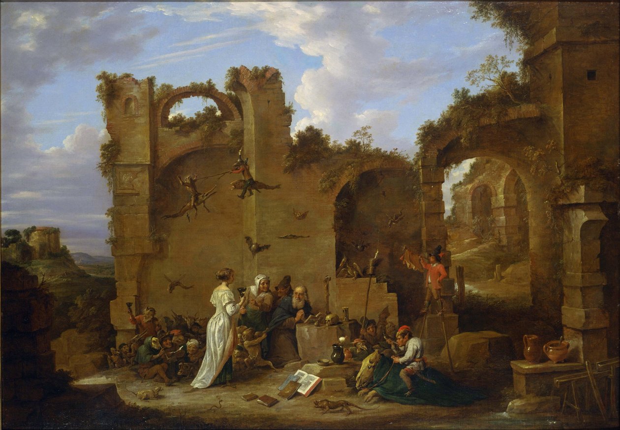 ""Pyhän Antonin kiusaukset"" Erakko Pyhä Antonius Suuri (251-356) (tai pyhä Antonius Erakko tai Pyhä Antonius apotti) kärsi paholaisen kiusauksista erämaassa. David Teniers nuoremman (1610-1690) maalaus National Museum of Western Art, tekijältä David Teniers the Younger