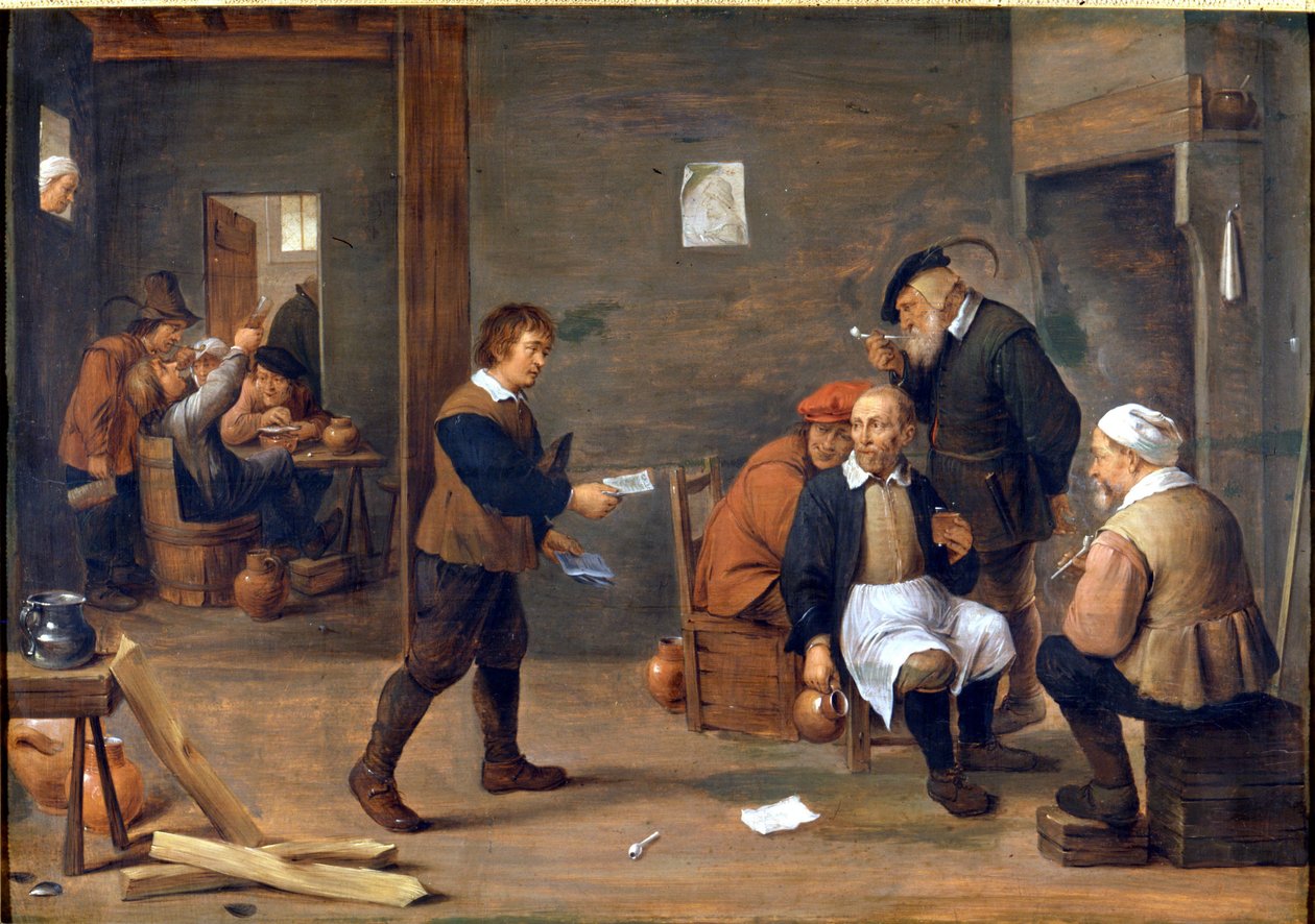 Miehet lämmittävät itseään takan edessä David Teniersin (1610 - 1690) bistrossa. Museo del Castello. Milano tekijältä David Teniers the Younger