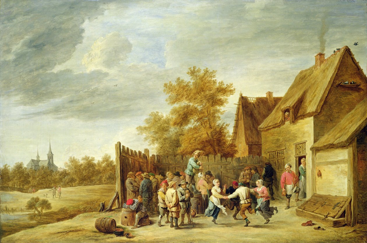 Talonpojat tanssivat majatalon ulkopuolella (öljy kankaalle) tekijältä David Teniers the Younger