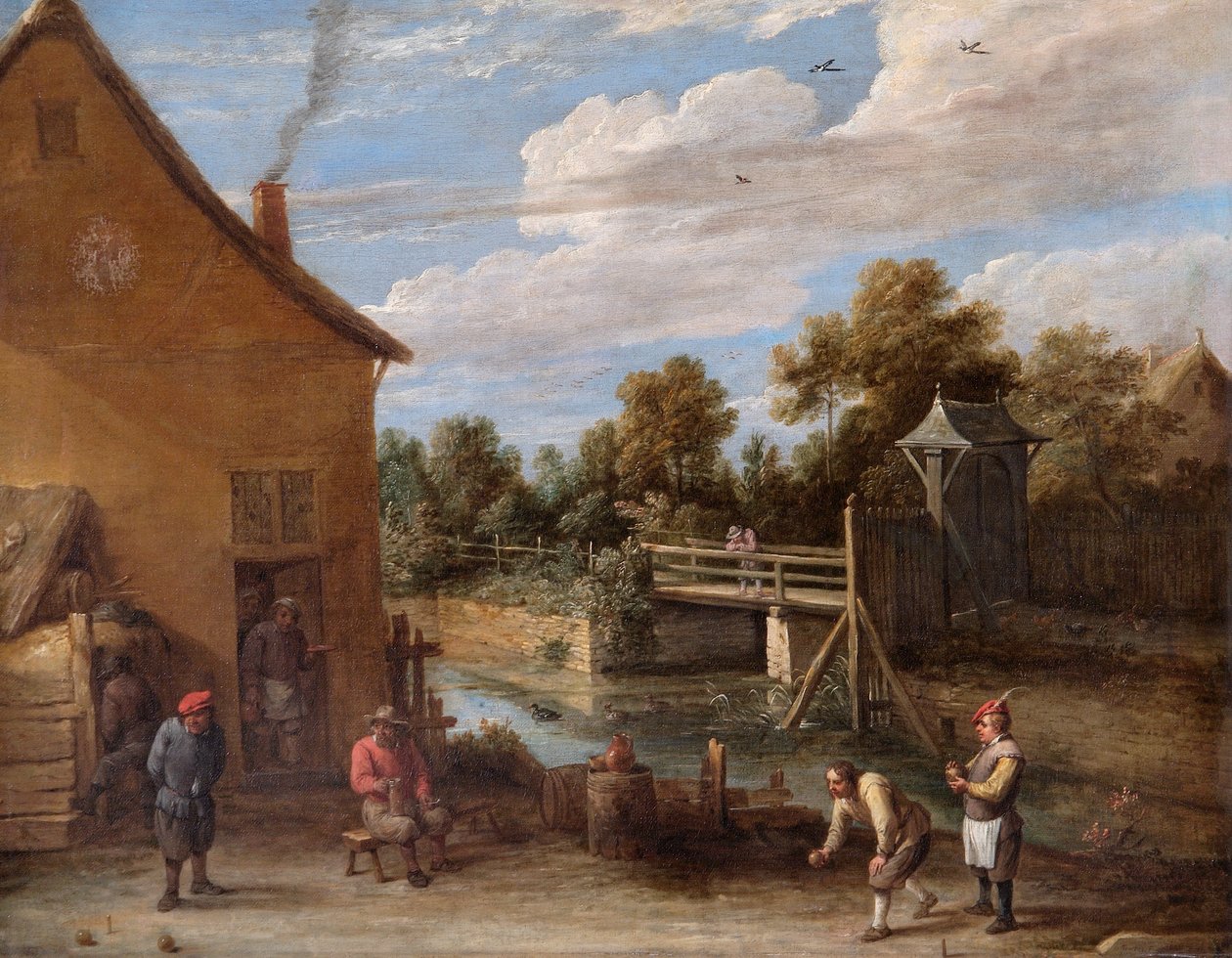 Talonpojat pelaamassa kulhoja joen varrella sijaitsevan majatalon edessä (öljy kankaalle) tekijältä David Teniers the Younger