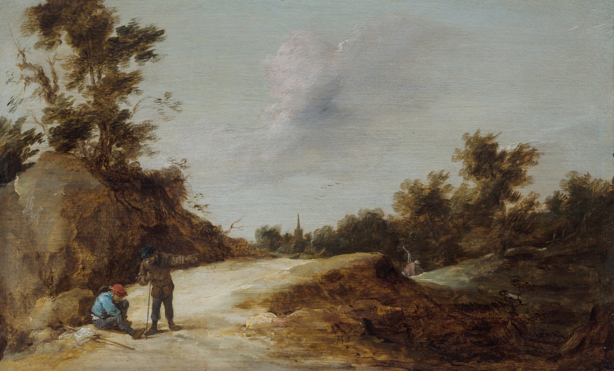 Talonpojat lepäävät polulla kallioisessa metsämaisemassa tekijältä David Teniers the Younger