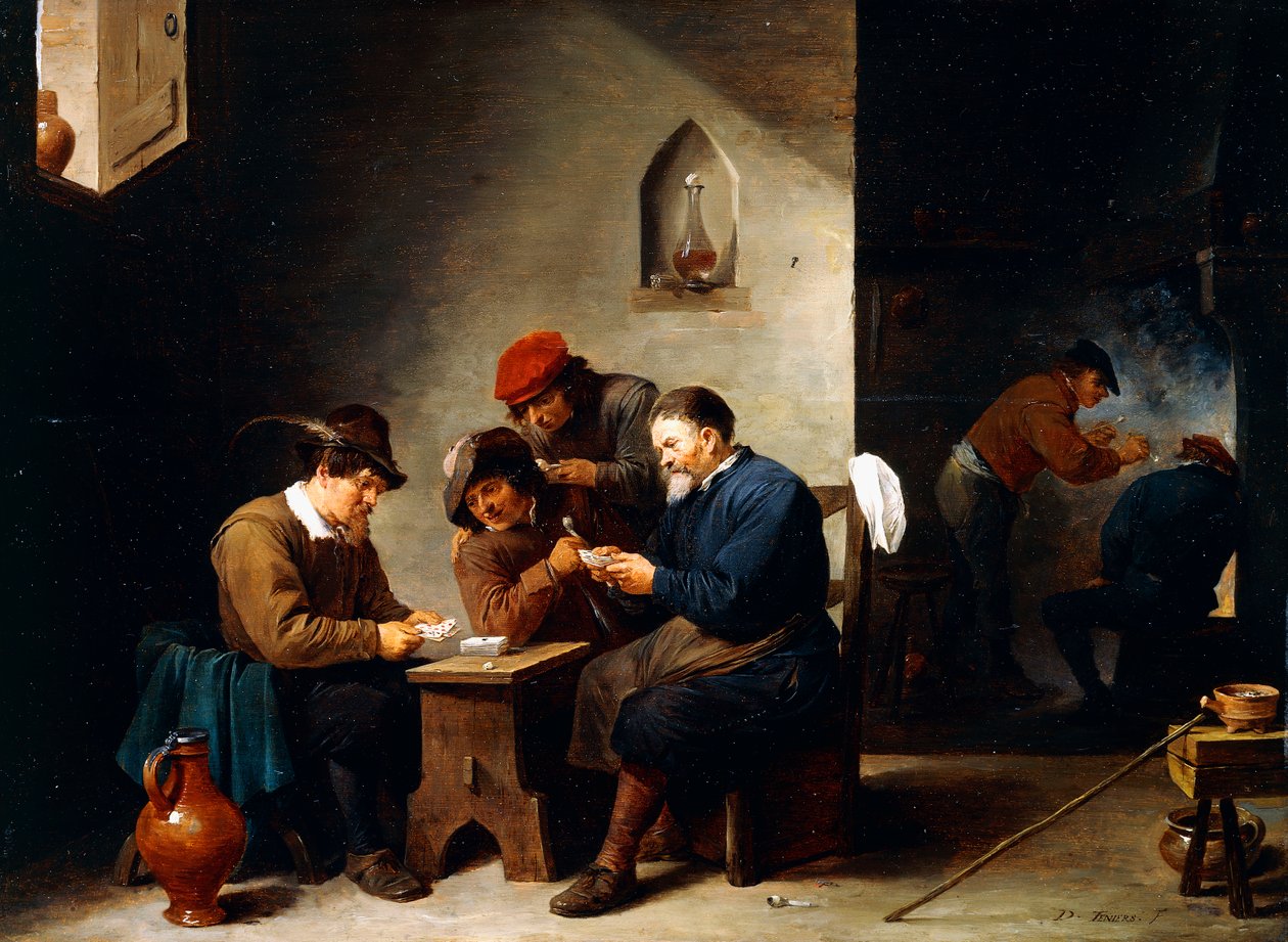 Talonpojat korteilla mökissä, n. 1644-45 tekijältä David Teniers the Younger