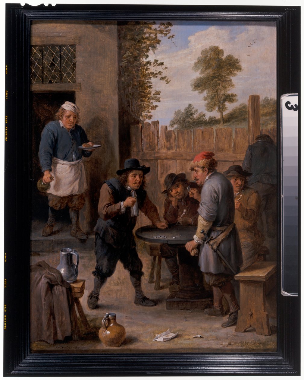 Talonpojat leikkivät noppaa majatalon ulkopuolella tekijältä David the Younger Teniers