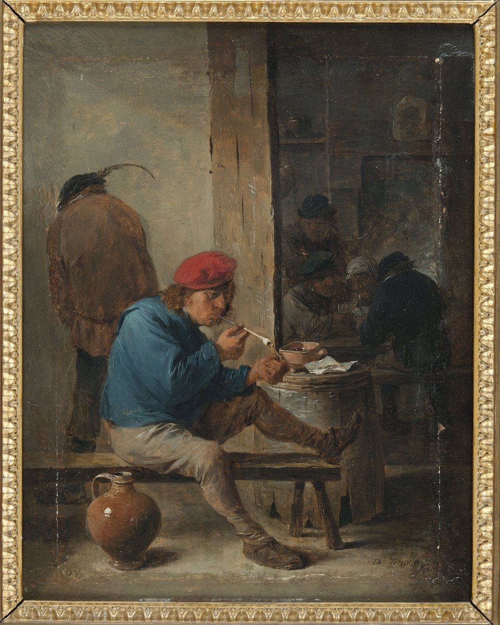 Scene de taverne avec fumeurs - Tavern Scene with Smokers, kirjoittanut Teniers, David, the Younger (1610-1690). Öljy puulle. Mitat: 23,9 x 19 cm. Tukholman kansallismuseo tekijältä David Teniers the Younger