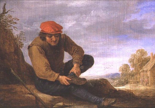 Istuva mies riisumassa kenkänsä (paneeli) tekijältä David Teniers the Younger