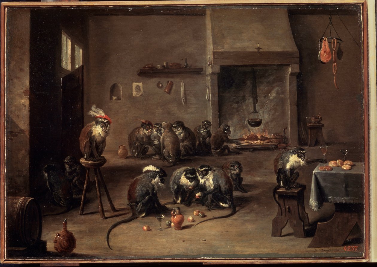 Apinat keittiössä. David Teniersin nuoremman (1610-1690) maalaus. Öljy kankaalle, 36 x 50,5 cm, noin 1640. Flanderin taidetta, barokkitaidetta. Eremitaaši, Pietari. tekijältä David Teniers the Younger