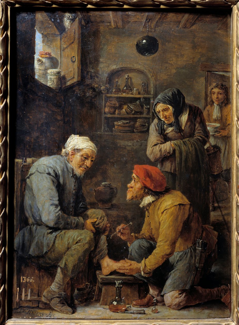Leikkaus Mies pidätettiin avaamaan potilaan jalka. David Teniers II Nuoren (1610-1690) maalaus 1600-luvun aurinko. 0,33x0,25 m Madrid, Prado-museo tekijältä David Teniers the Younger