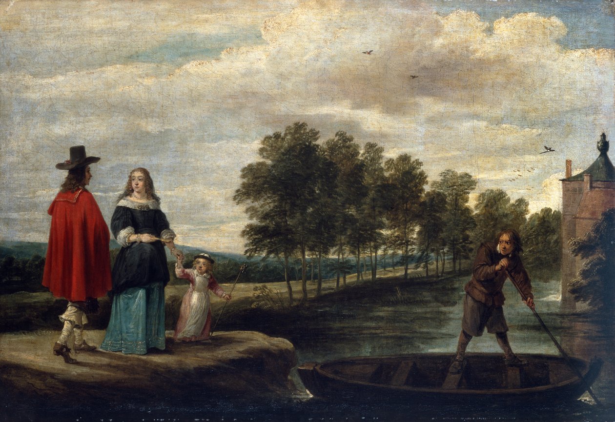 Taiteilija, hänen vaimonsa ja lapsensa kartanon vallihautalla, Perck (öljy kankaalle) tekijältä David Teniers the Younger