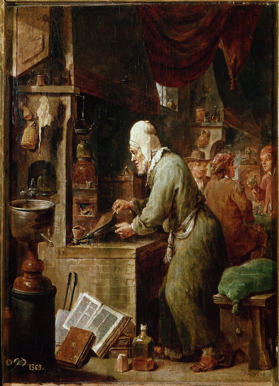 Alkemisti (öljy paneeliin tekijältä David Teniers the Younger