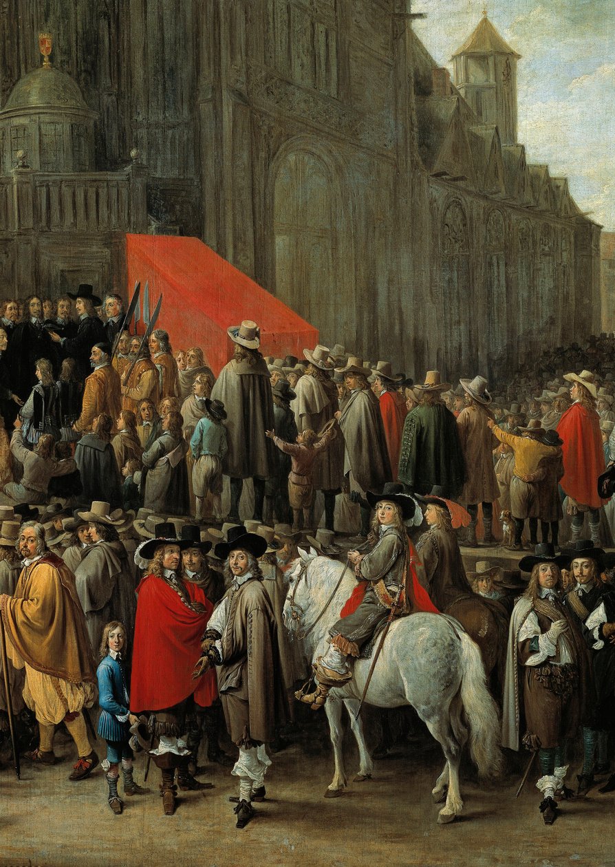 Papegai-peli Brysselissä vuonna 1652 Peli, jossa ammutaan puusta tai pahvista tehdystä lintutaulusta, joka on sijoitettu tangon kärkeen (yksityiskohta) tekijältä David Teniers the Younger