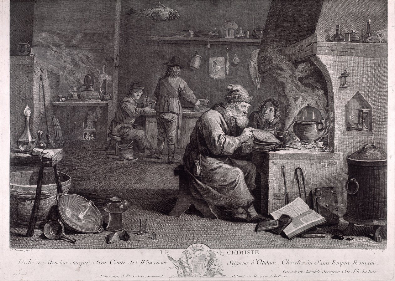 Alkemistin laboratorio (kaiverrus) tekijältä David Teniers the Younger