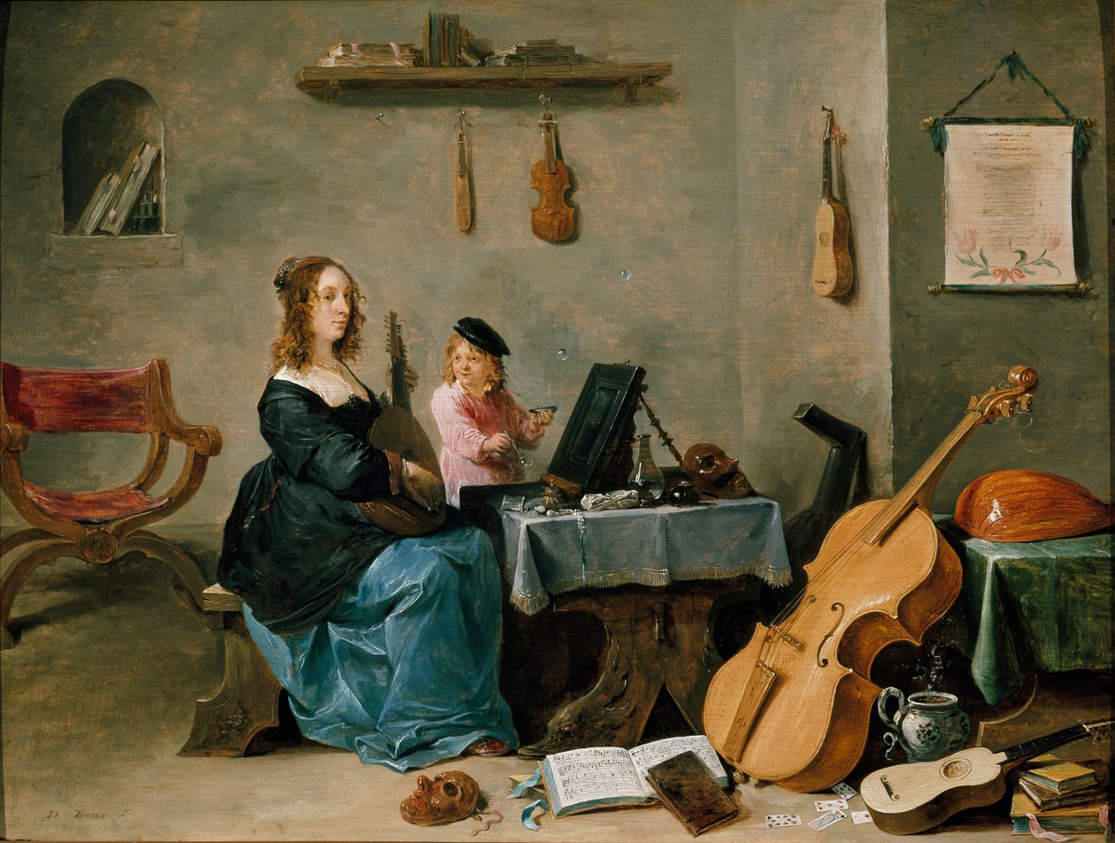 Taiteilijan vaimo ja poika Muotokuva taiteilijan perheestä, nuori nainen soittaa musiikkia huoneessa, joka on täynnä soittimia, kun lapsi tekee saippuakuplia. David Teniers Nuoren (1610-1690) maalaus 1600-luvulta Torinon Galleria Sabauda Italia tekijältä David Teniers the Younger