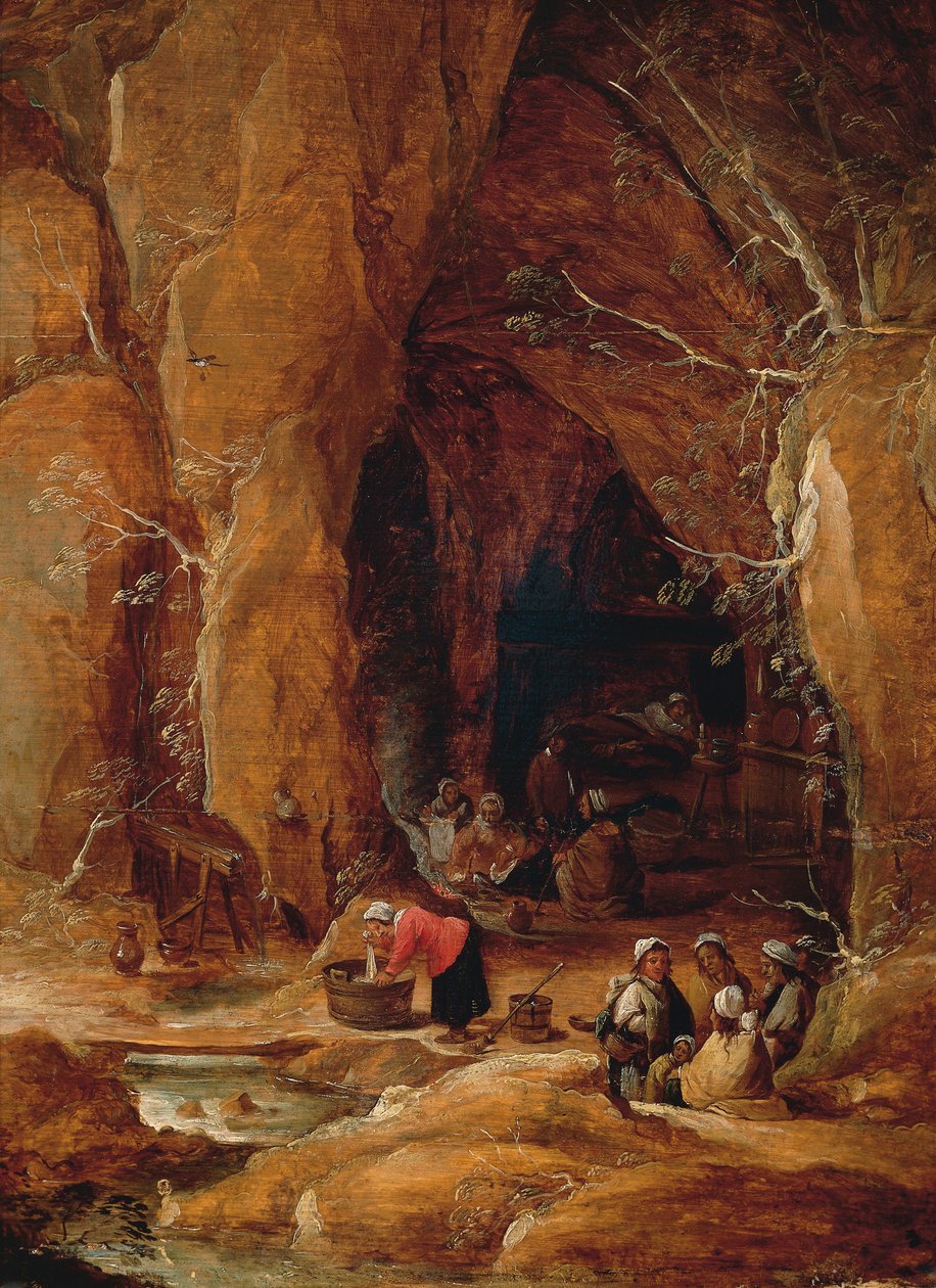 Vagabonds and Washerwomen in Cave, David Teniers II (1610-1690) tekijältä David Teniers the Younger