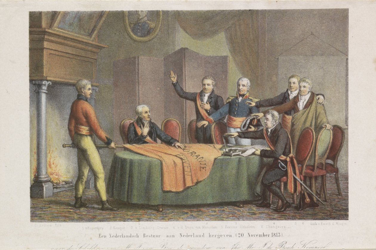 Triumviraatin korkean vallan hyväksyminen Oranssin prinssin nimissä, 21. marraskuuta 1813 Alankomaiden hallituksen palauttaminen Alankomaihin. (20. marraskuuta 1813) (otsikko esineessä) tekijältä David van der Kellen
