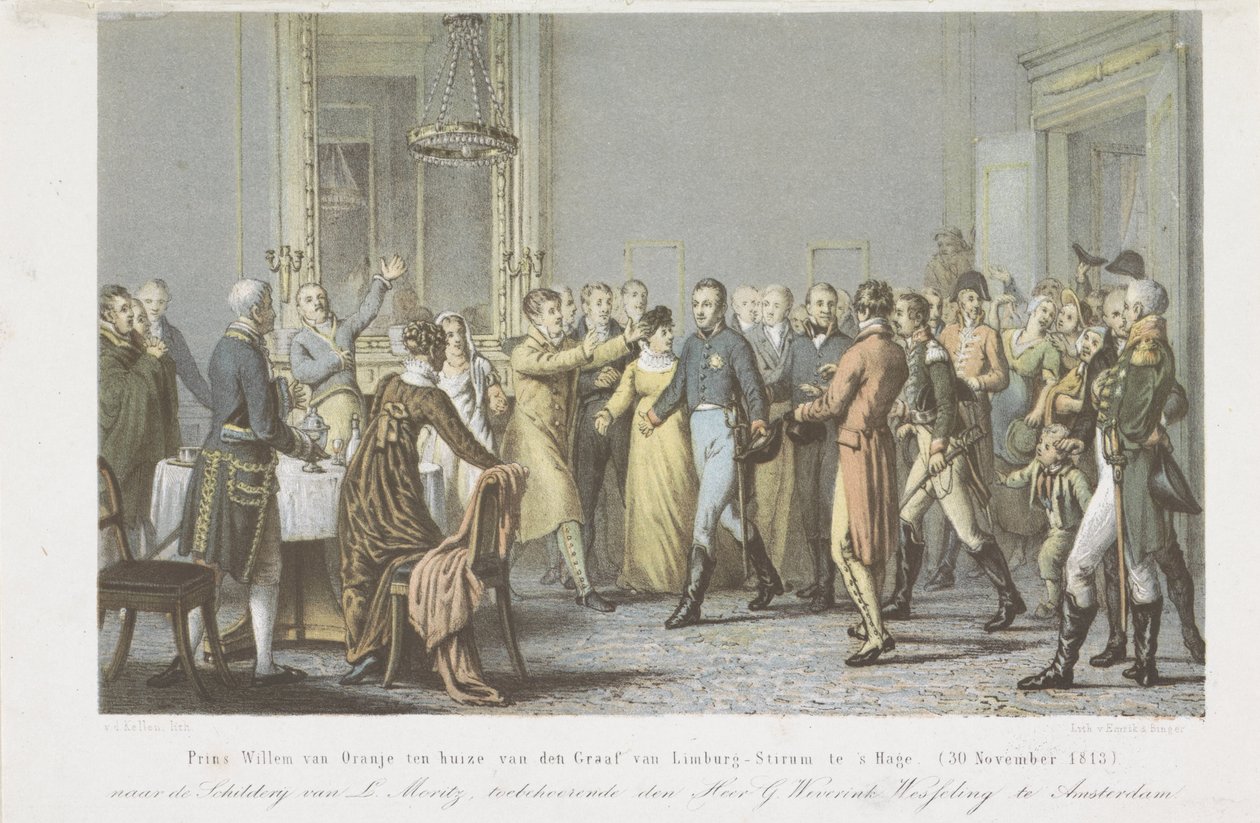 Orangen prinssi Limburgin kreivi Stirumin kodissa, 1813 Orangen prinssi William Limburg-Stirumin kreivin kodissa Haagissa. (30. marraskuuta 1813) (otsikko esineessä) tekijältä David van der Kellen