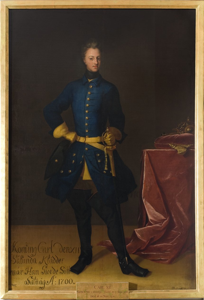 Kaarle XII, roi de Suede - Ruotsin kuninkaan Kaarle XII:n (1682-1718) muotokuva, kirjoittanut Krafft, David, von (1655-1724). Öljy kankaalle. Mitat: 249 x 165 cm. Tukholman kansallismuseo tekijältä David von Krafft