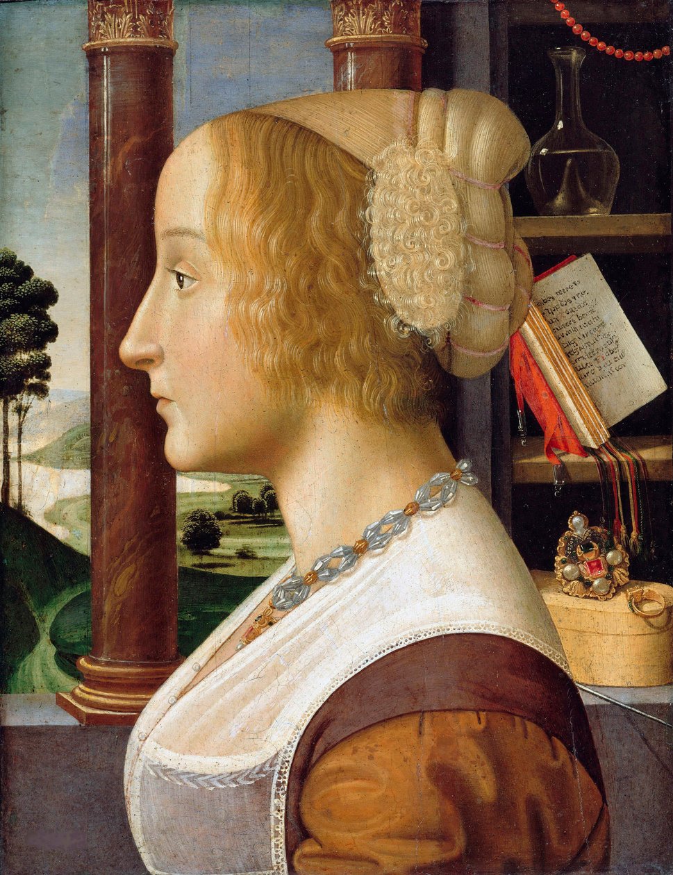 ""Nuoren naisen profiilimuotokuva"" (Nuoren naisen profiilimuotokuva) Davide Ghirlandaion (1452-1525) maalaus noin 1490, koko 44,6x34,3 - Staatliche Museen, Berliini tekijältä Davide Ghirlandaio