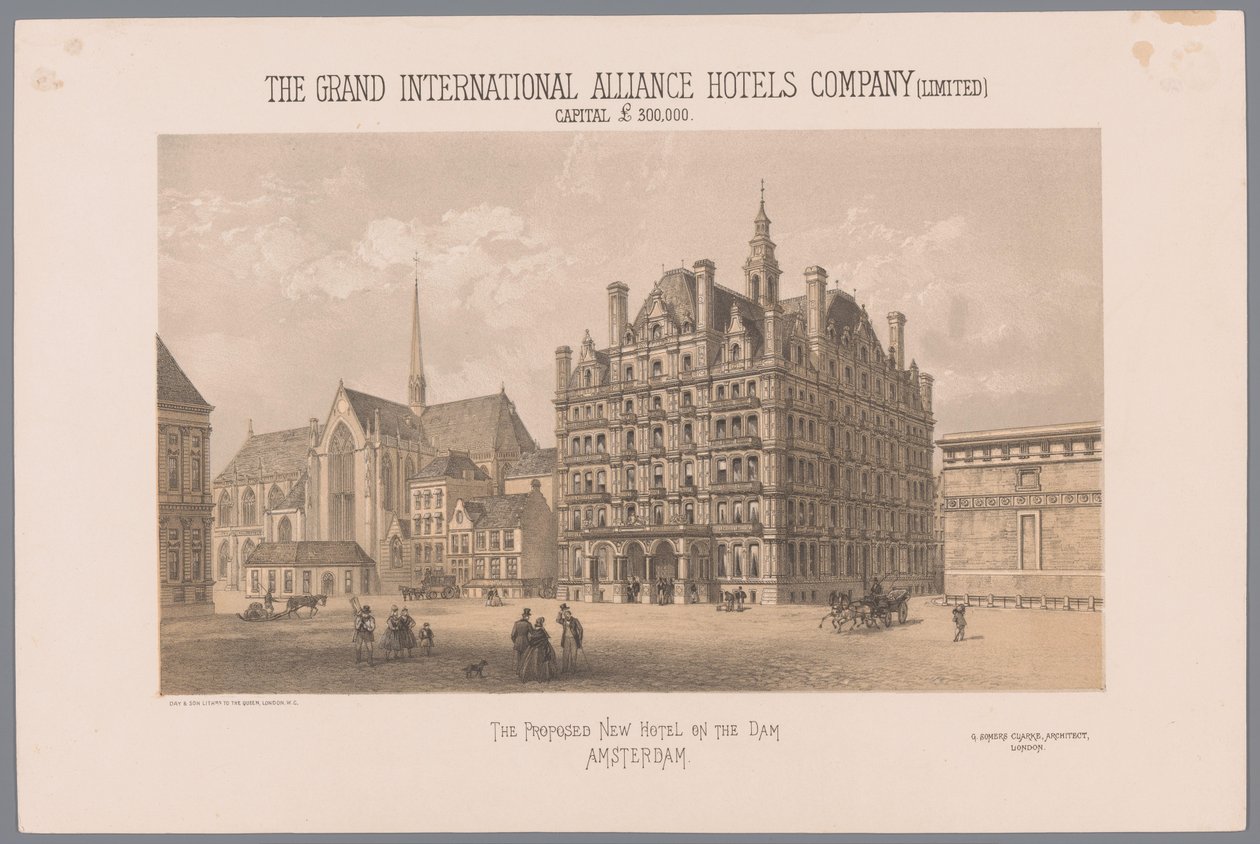 Suunnittelu ehdotettuun hotelliin Dam-aukiolle Amsterdamissa Ehdotettu uusi hotelli Amsterdamin patolla (otsikko esineessä) Grand International Alliance Hotels Company (Limited) pääoma 300 000 puntaa (nimike esineessä) tekijältä Day and Co.