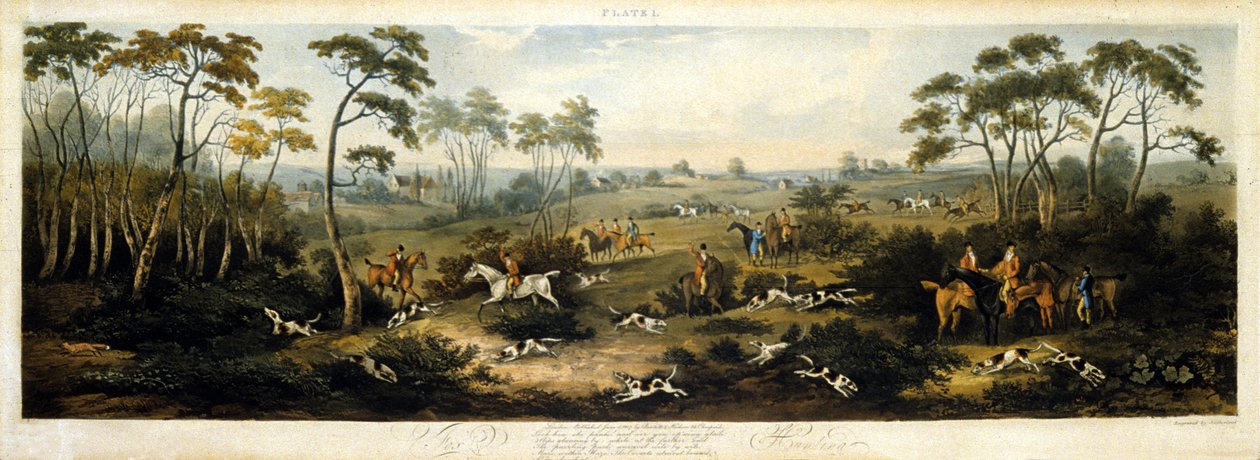 Foxhunting, levy 1, kaiverrus Thomas Sutherland (1785-1838) 1817 (väri litho) tekijältä Dean Snr. (after) Wolstenholme