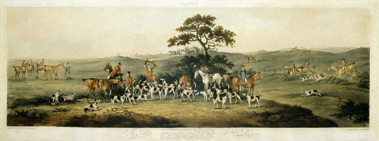 Foxhunting, levy 3, kaiverrus Thomas Sutherland (1785-1838) 1817 (väri litho) tekijältä Dean Snr. (after) Wolstenholme