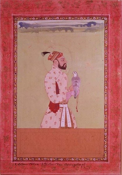 I.S.227-1950 Azam Shahr, keisari Aurangzebin kolmas poika, jolla on haukka, Golconda, n. 1680 (guassi kukkareunuksella) tekijältä Deccani School