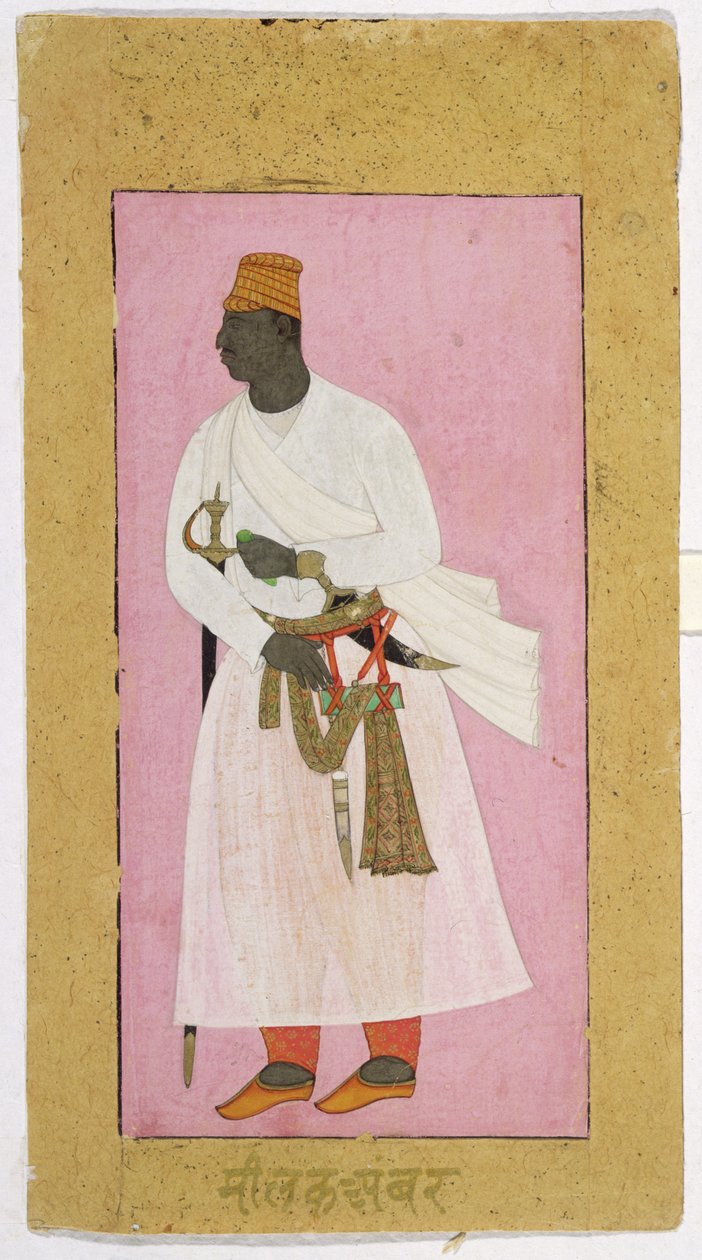 50.14/8 Malik Amberin muotokuva, kaiverrettu Devanagari, "Malik Amber", Ahmednagar tekijältä Deccani School
